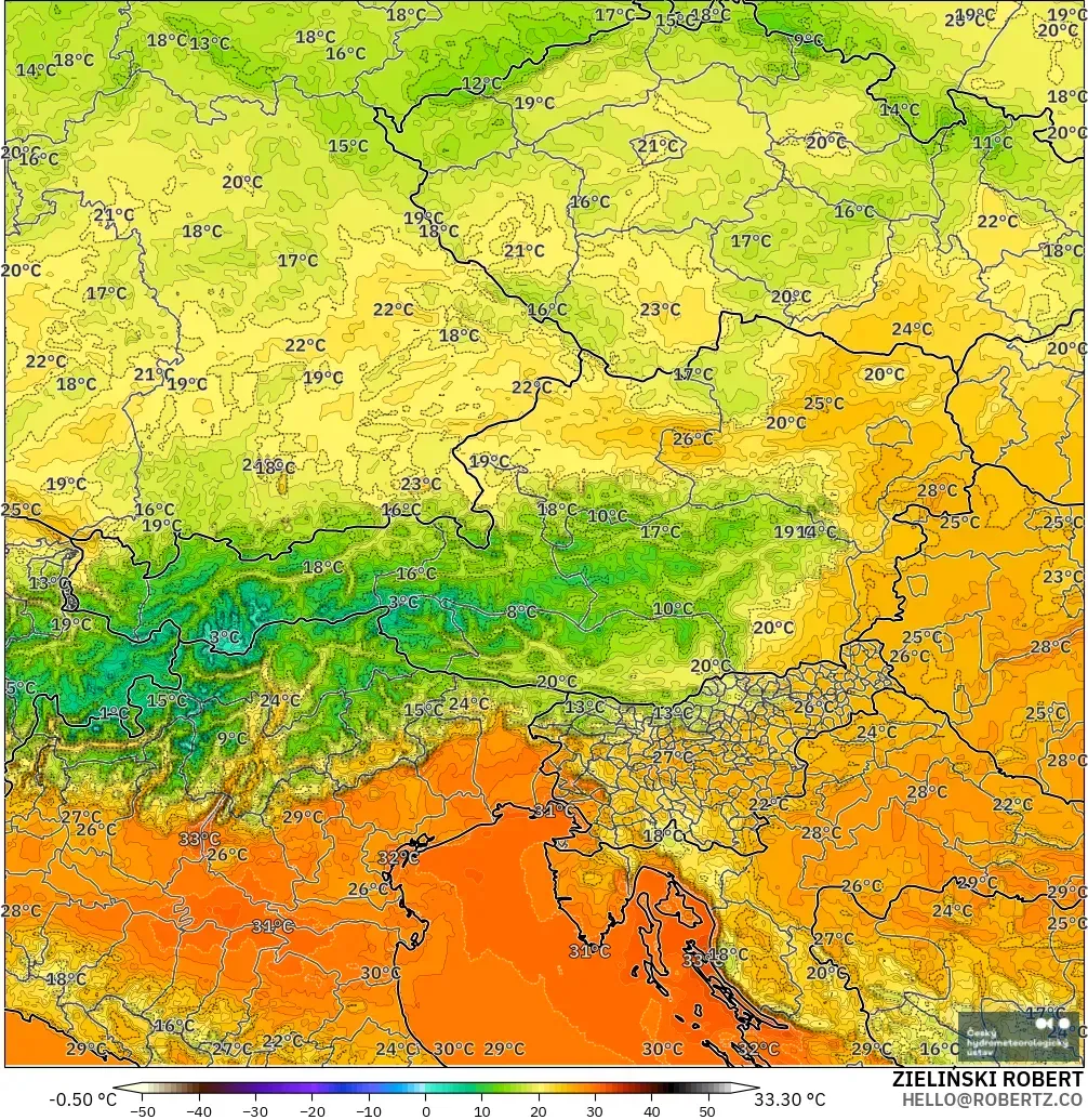 ALADIN CZ 2.3 км модель - Австрия, Температура 2 м