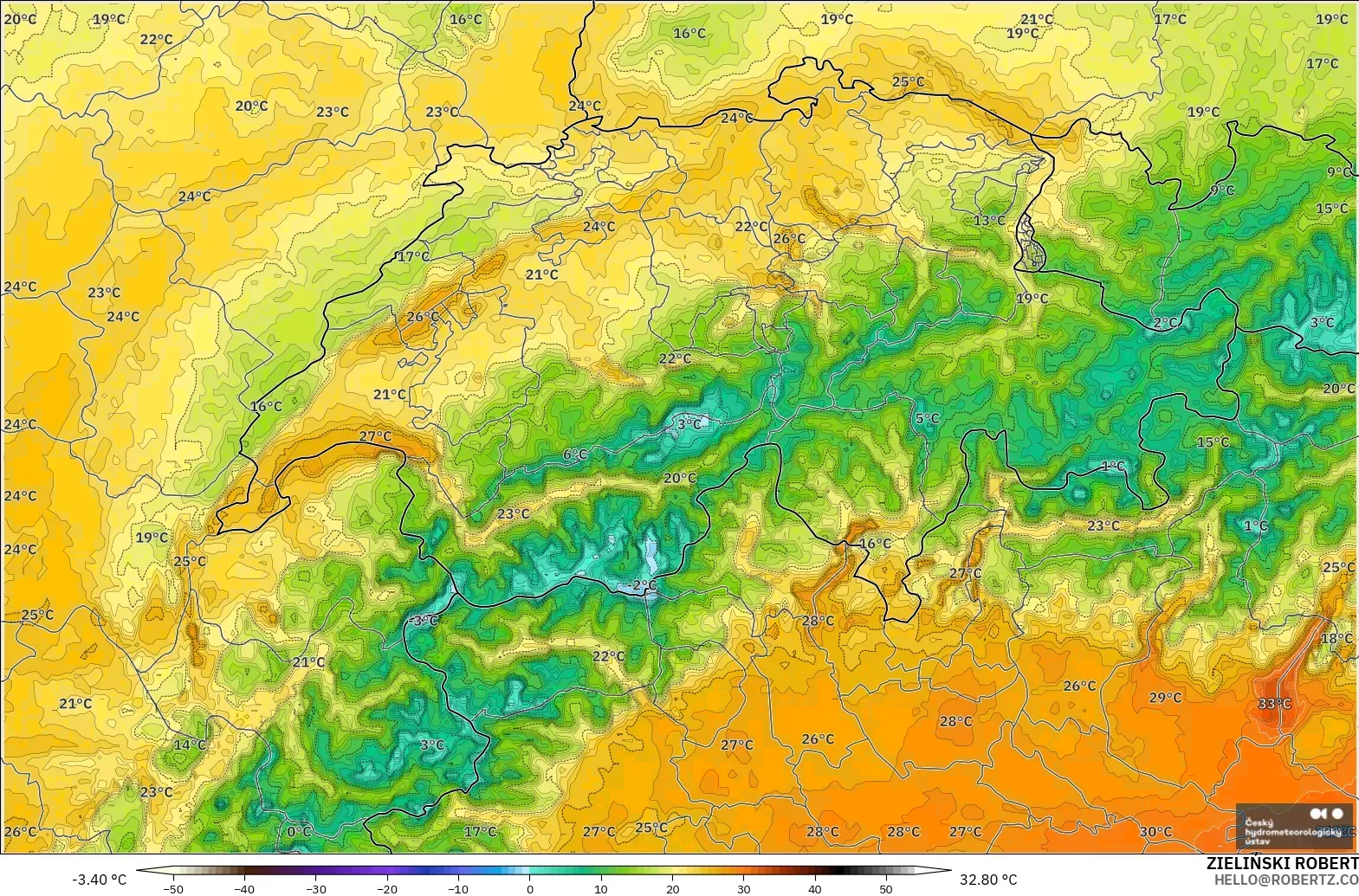 ALADIN CZ 2.3 км модель - Швейцария, Температура 2 м