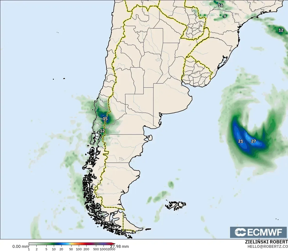 ECMWF IFS 0.25° модель - Аргентина, Жауын-шашын Жинақталуы
