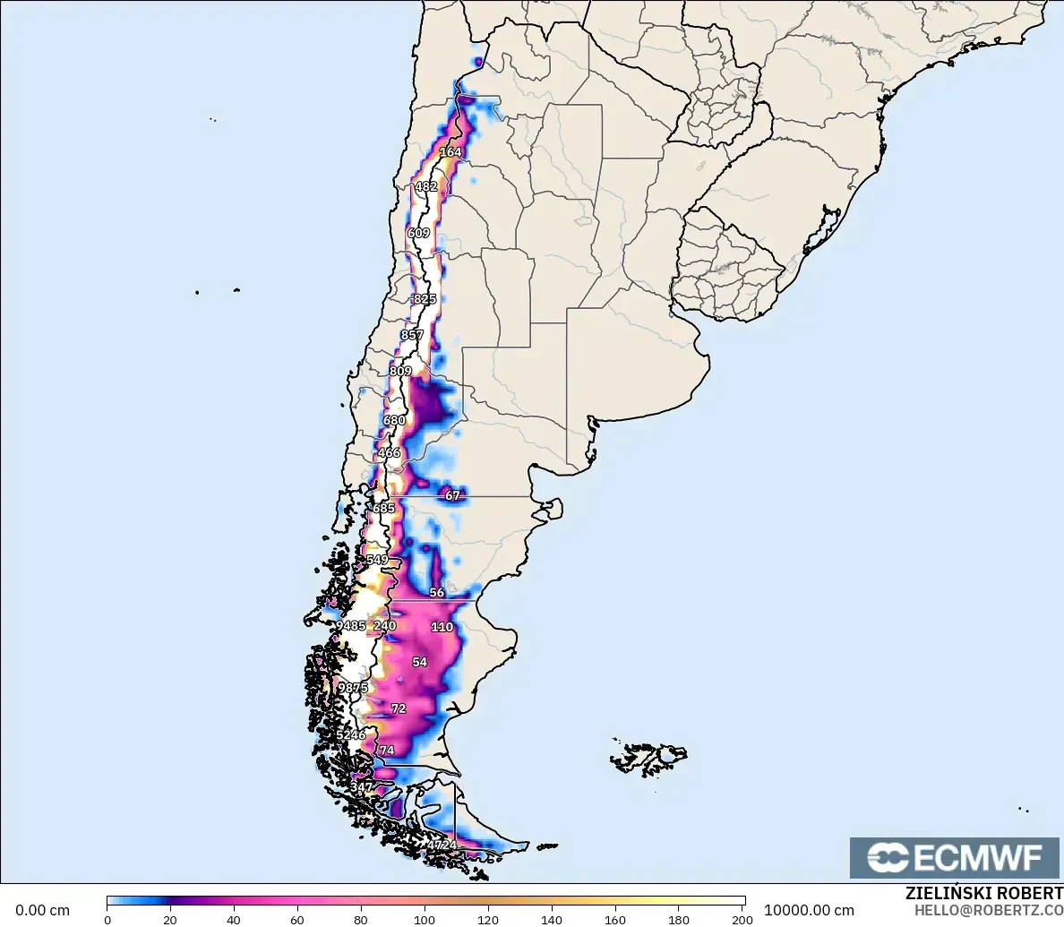 ECMWF IFS 0.25° модель - Аргентина, Қар Қалыңдығы