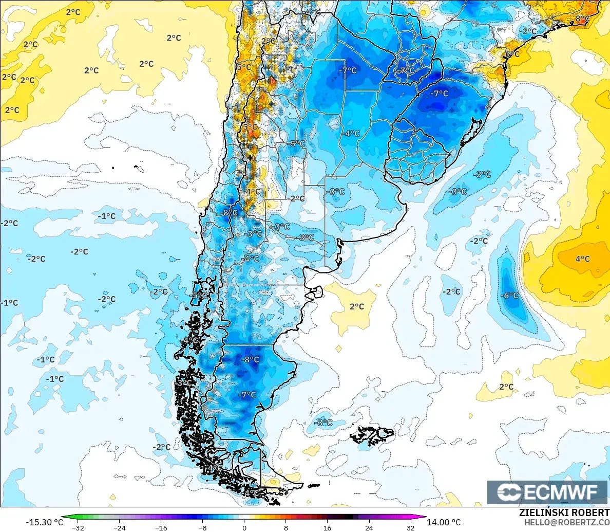 ECMWF IFS 0.25° модель - Аргентина, 2 м Температура Аномалиясы