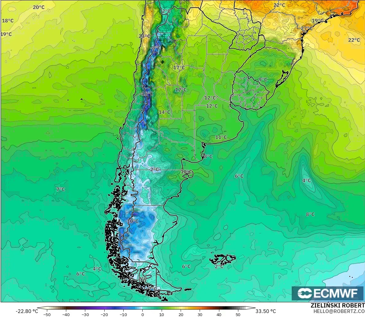 ECMWF IFS 0.25° модель - Аргентина, Температура 2 м