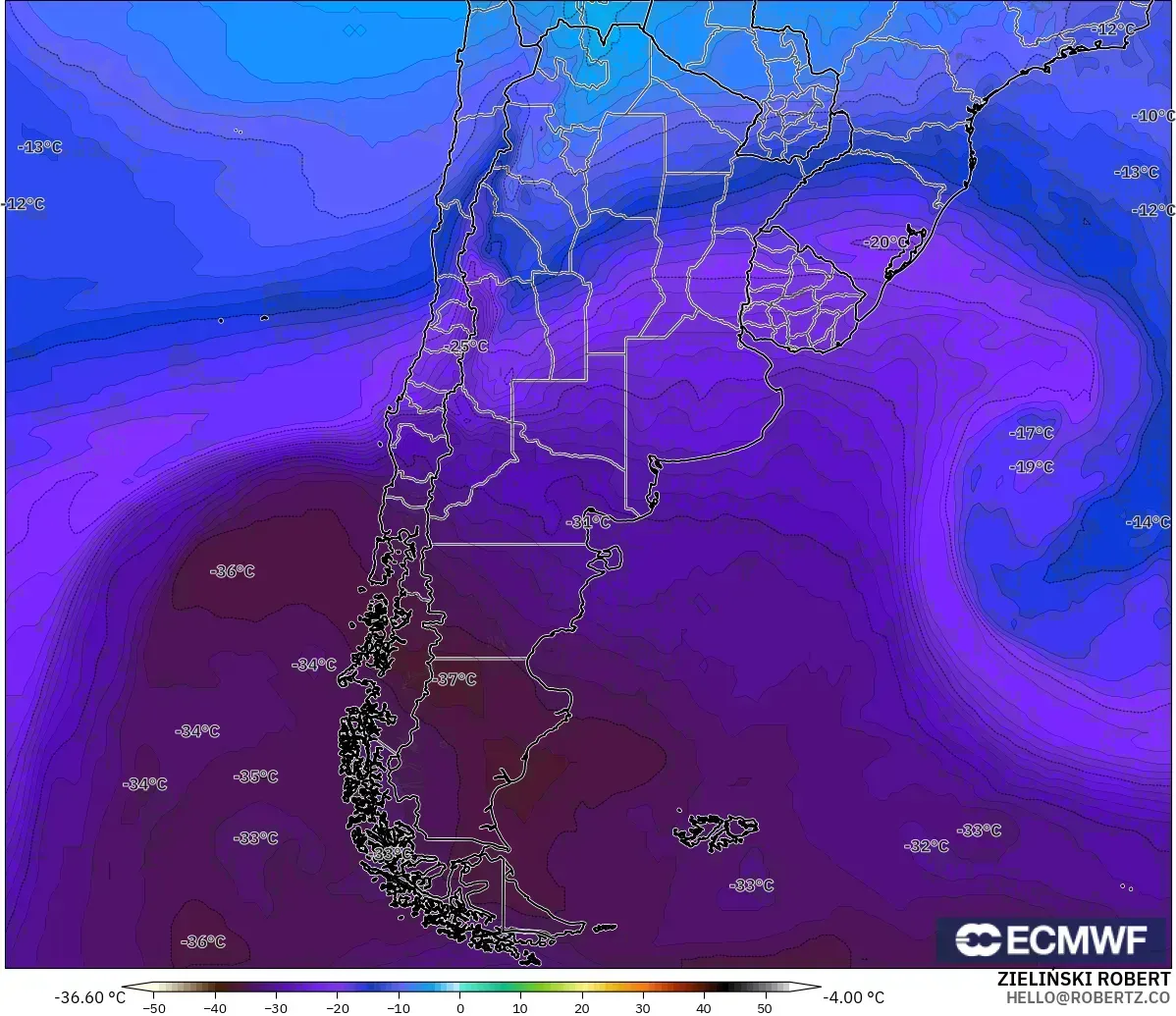 ECMWF IFS 0.25° модель - Аргентина, Температура 500 hPa