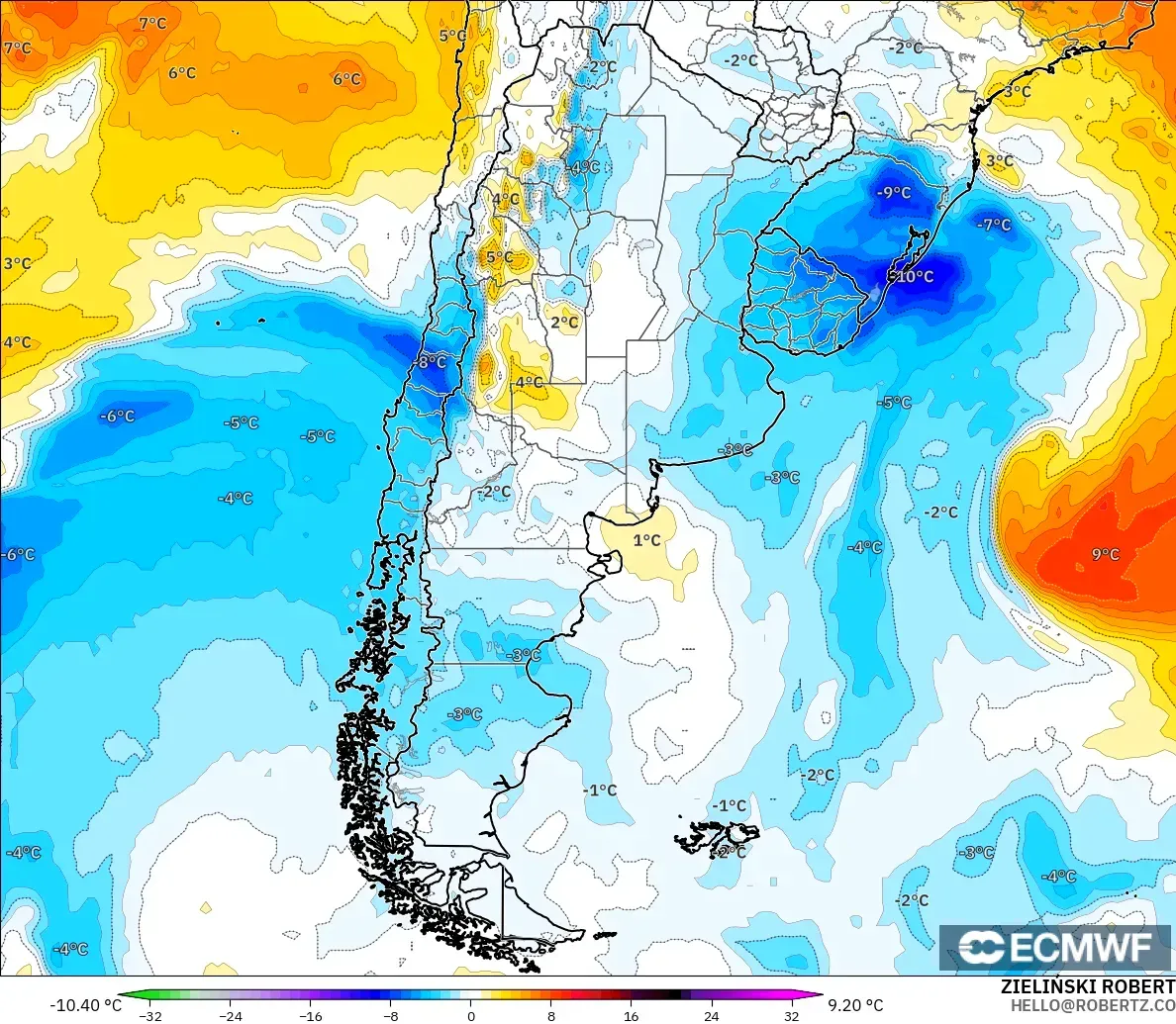 ECMWF IFS 0.25° модель - Аргентина, 850 hPa Температура Аномалиясы