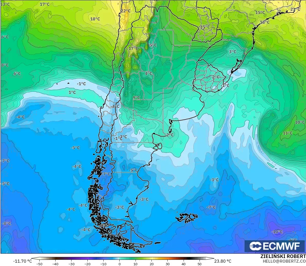 ECMWF IFS 0.25° модель - Аргентина, Температура 850 hPa