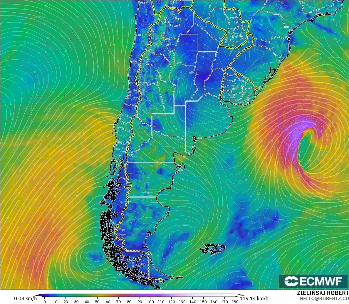 ECMWF IFS 0.25° модель - Аргентина, Жел 10 м