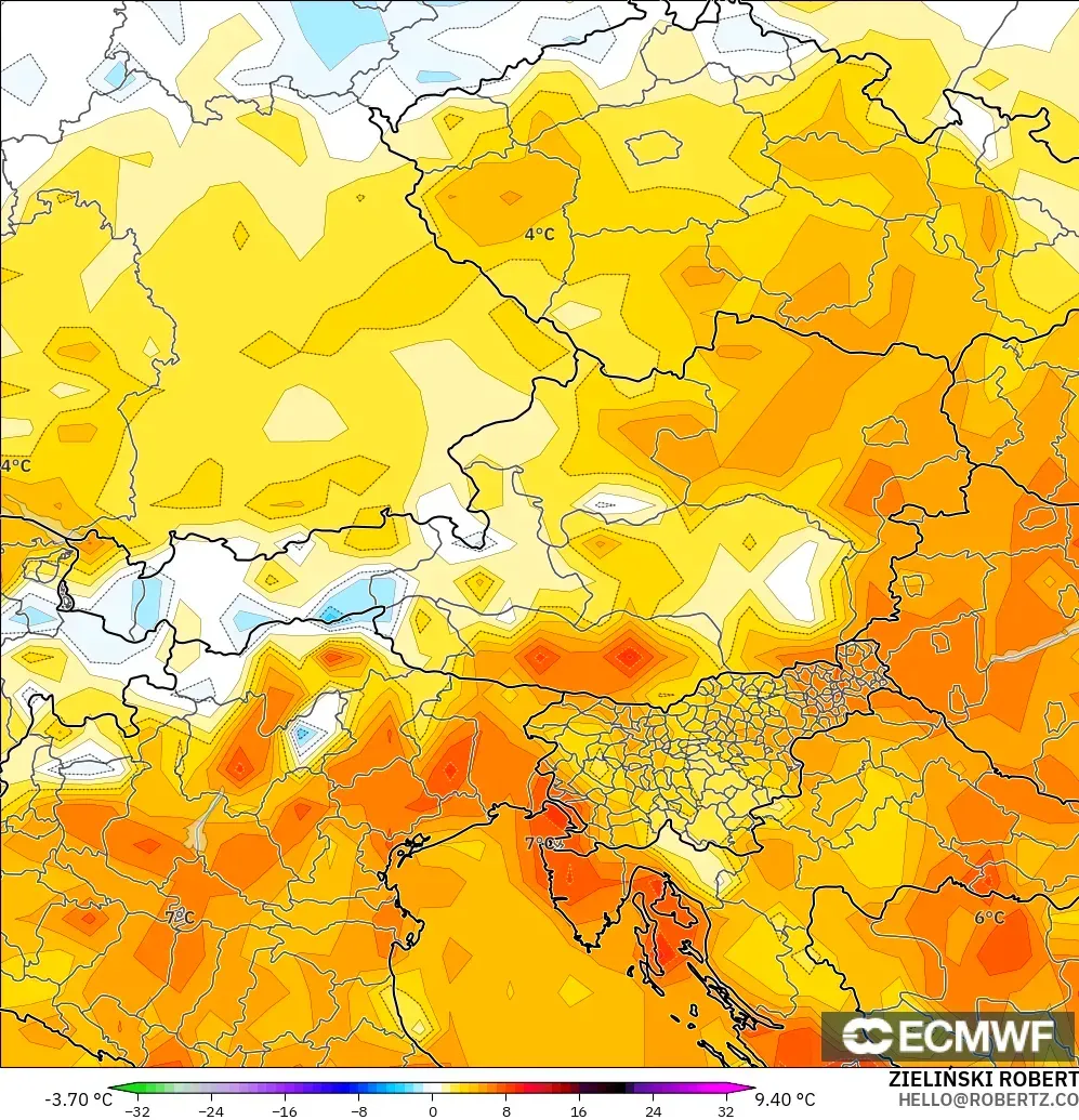ECMWF IFS 0.25° модель - Австрия, 2 м Температура Аномалиясы