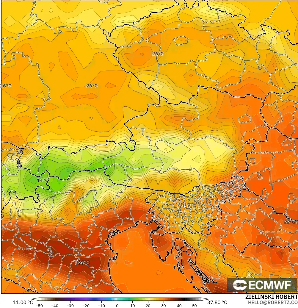 ECMWF IFS 0.25° модель - Австрия, Температура 2 м