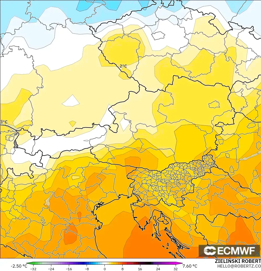 ECMWF IFS 0.25° модель - Австрия, 850 hPa Температура Аномалиясы