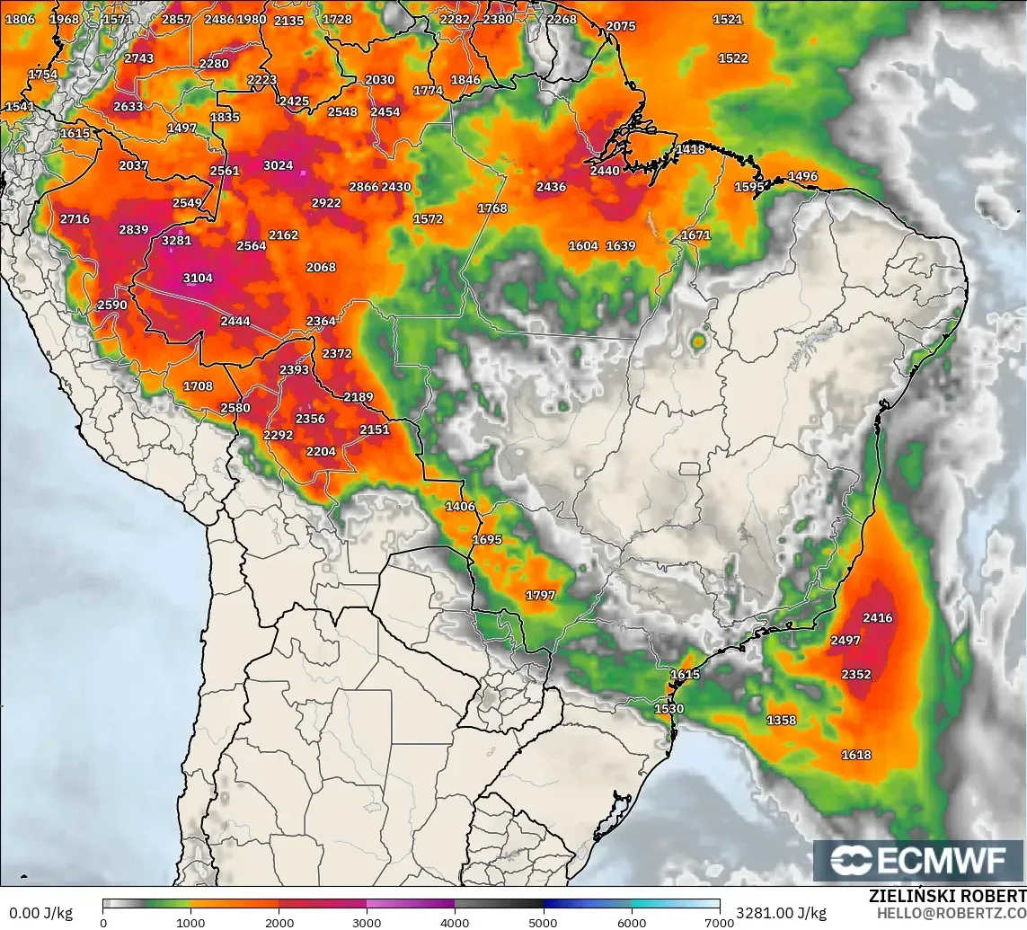 ECMWF IFS 0.25° модель - Бразилия, CAPE