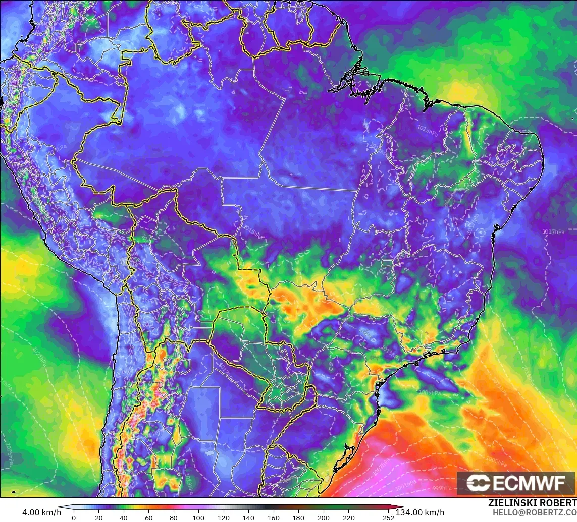 ECMWF IFS 0.25° модель - Бразилия, Ең Жоғары Екпін