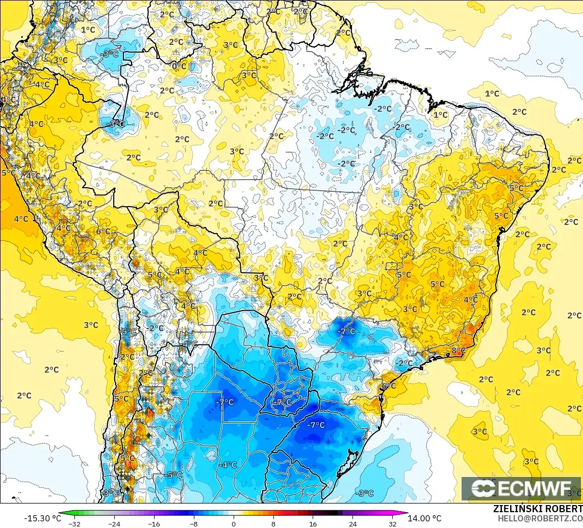 ECMWF IFS 0.25° модель - Бразилия, 2 м Температура Аномалиясы