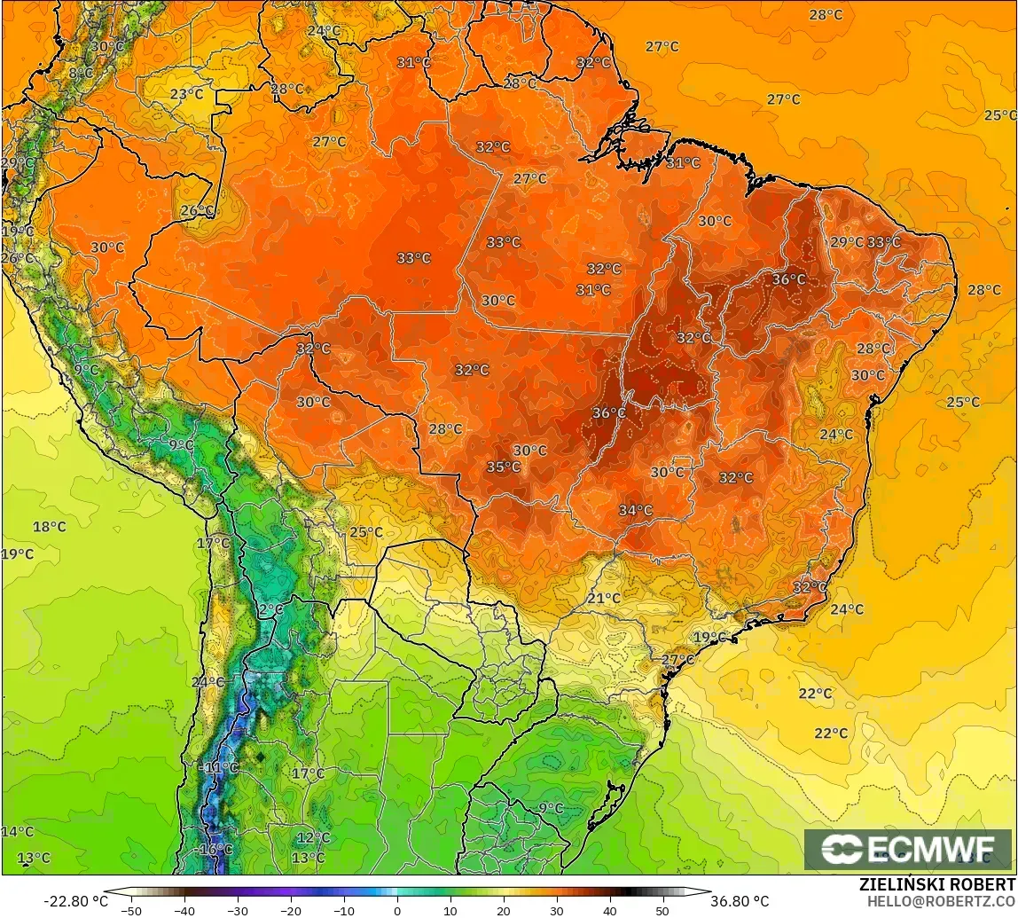 ECMWF IFS 0.25° модель - Бразилия, Температура 2 м