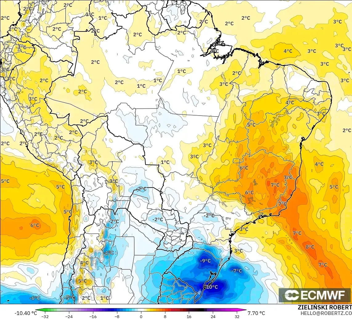 ECMWF IFS 0.25° модель - Бразилия, 850 hPa Температура Аномалиясы