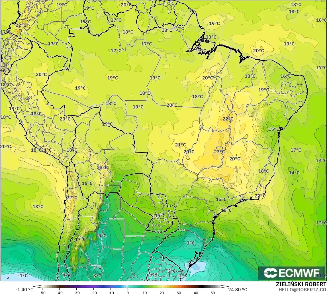 ECMWF IFS 0.25° модель - Бразилия, Температура 850 hPa