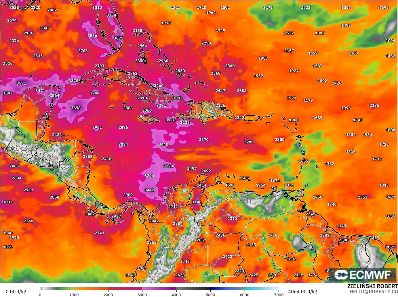 ECMWF IFS 0.25° модель - Кариб теңізі, CAPE