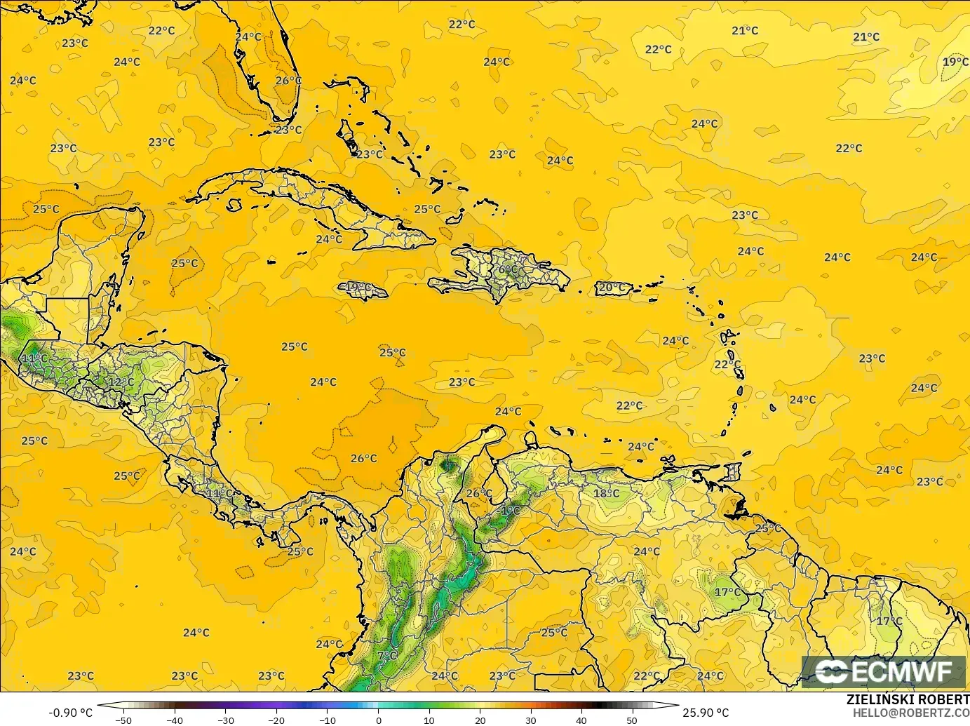 ECMWF IFS 0.25° модель - Кариб теңізі, Шық Нүктесі 2 м
