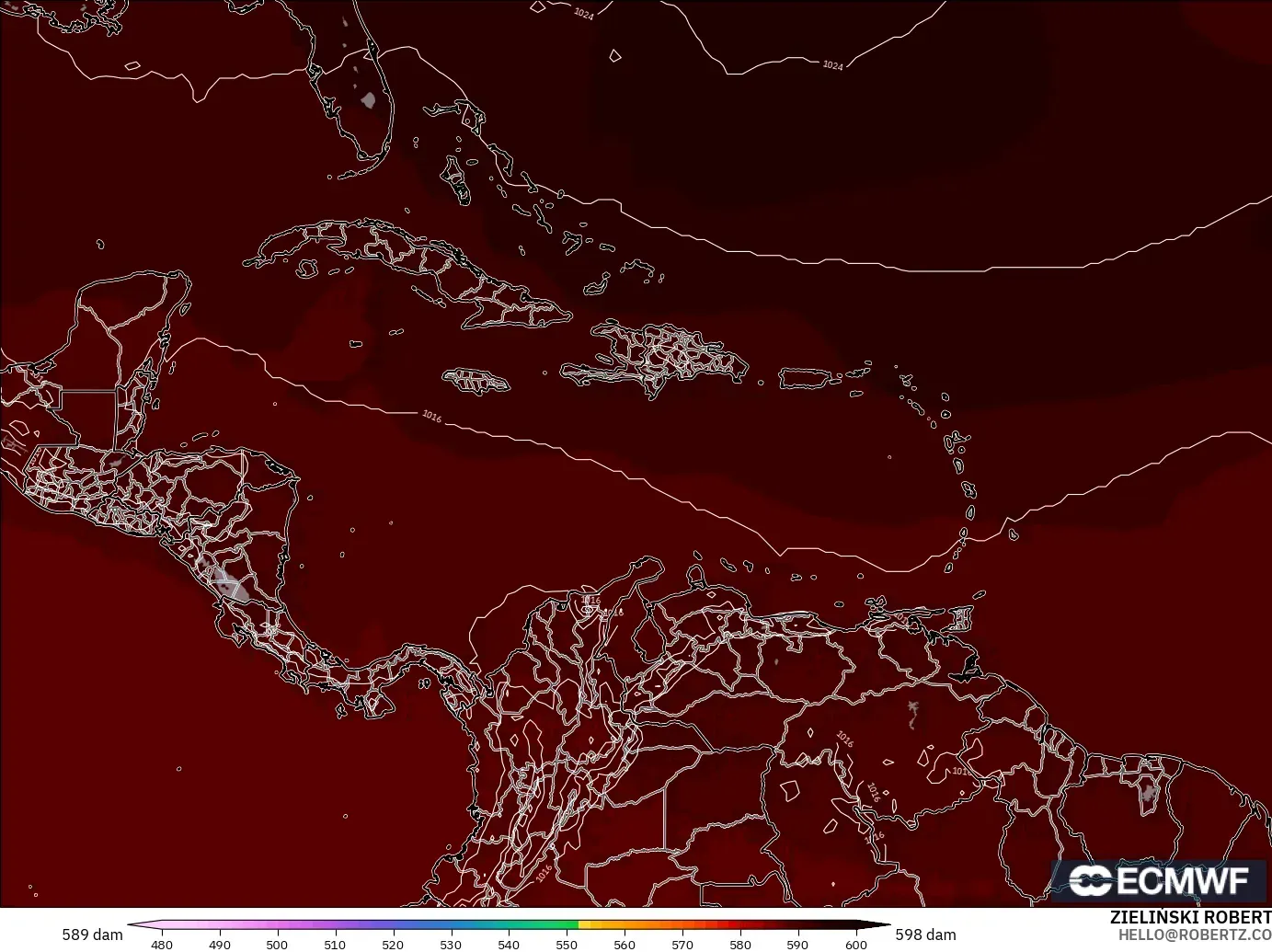 ECMWF IFS 0.25° модель - Кариб теңізі, 500 гПа деңгейіндегі геопотенциал биіктігі
