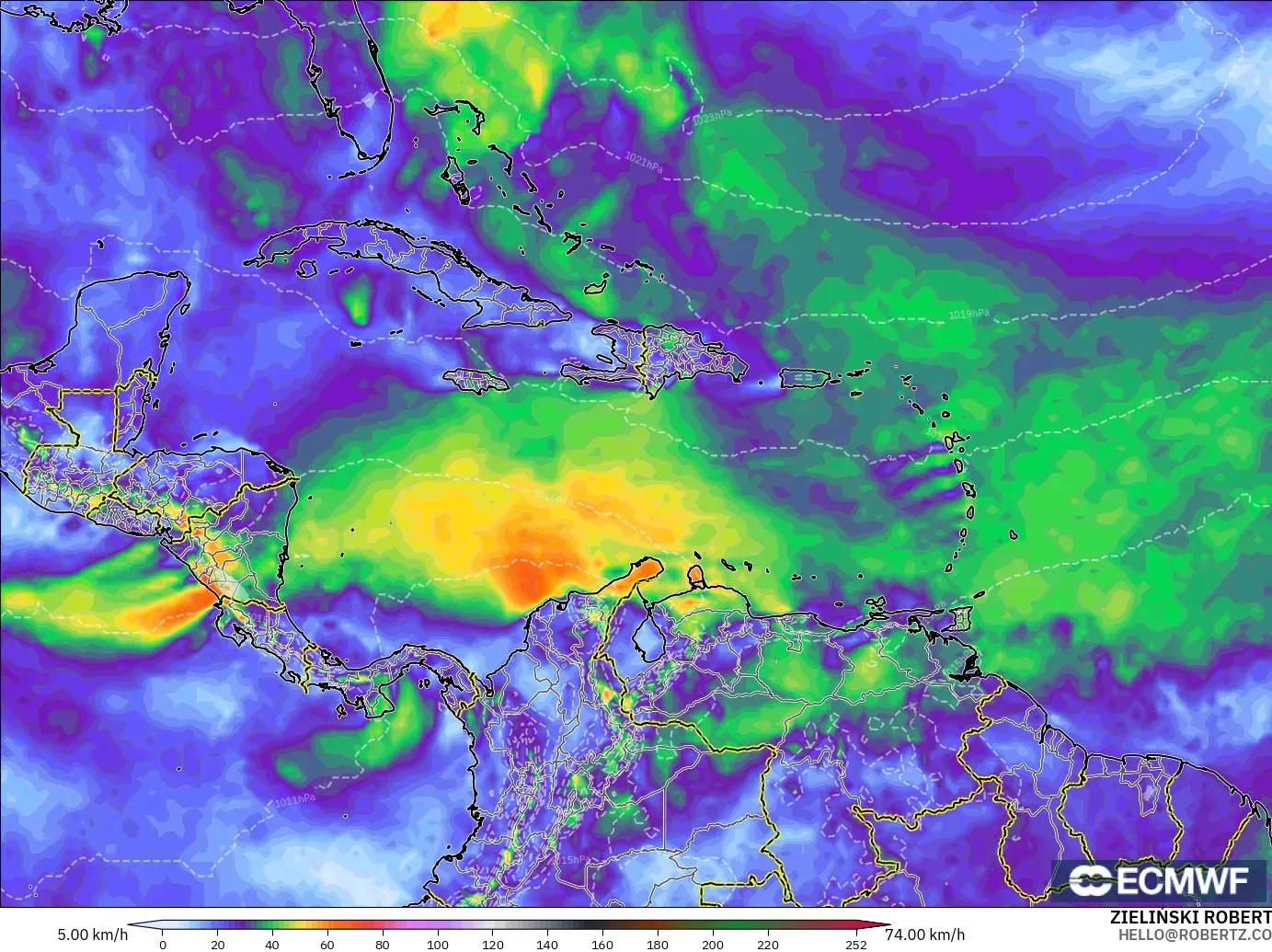 ECMWF IFS 0.25° модель - Кариб теңізі, Ең Жоғары Екпін