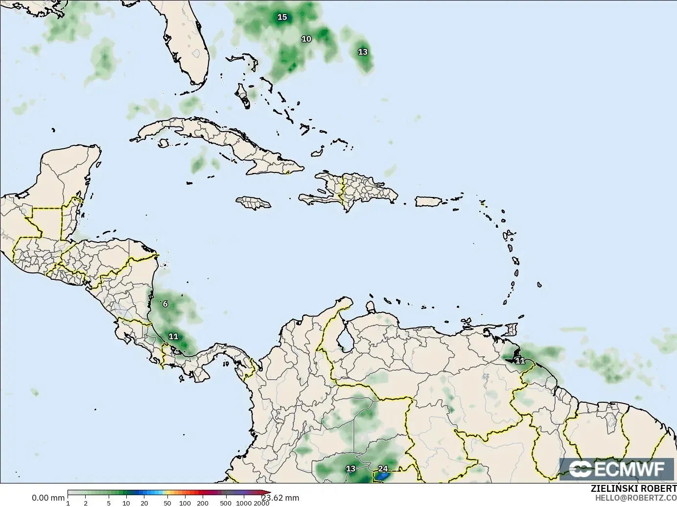ECMWF IFS 0.25° модель - Кариб теңізі, Жауын-шашын Жинақталуы