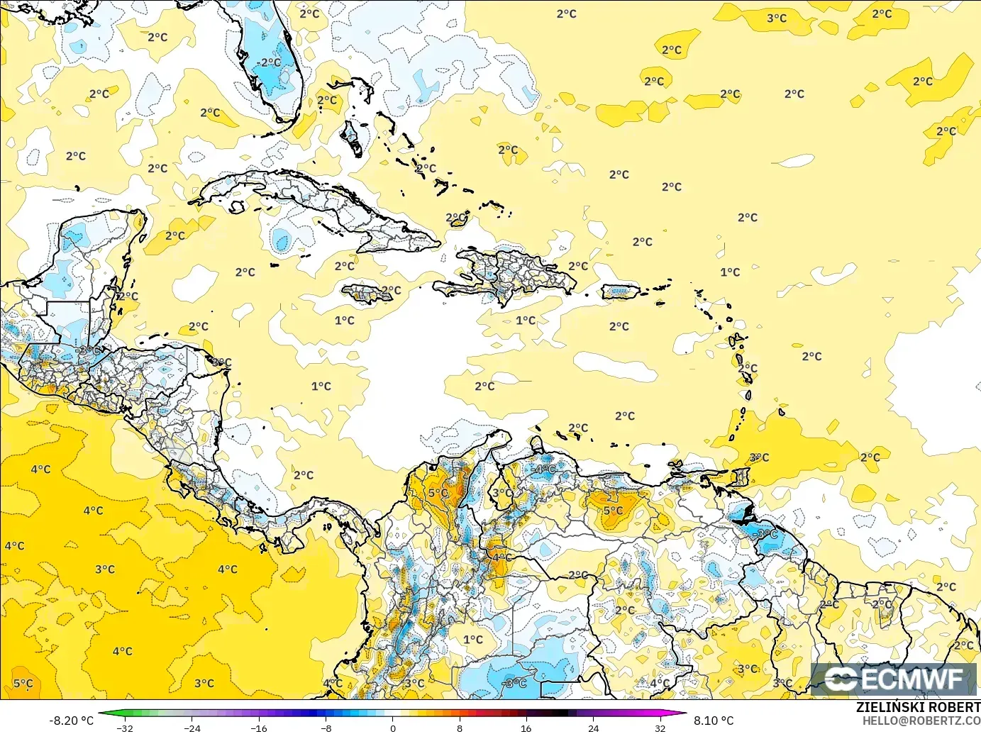 ECMWF IFS 0.25° модель - Кариб теңізі, 2 м Температура Аномалиясы
