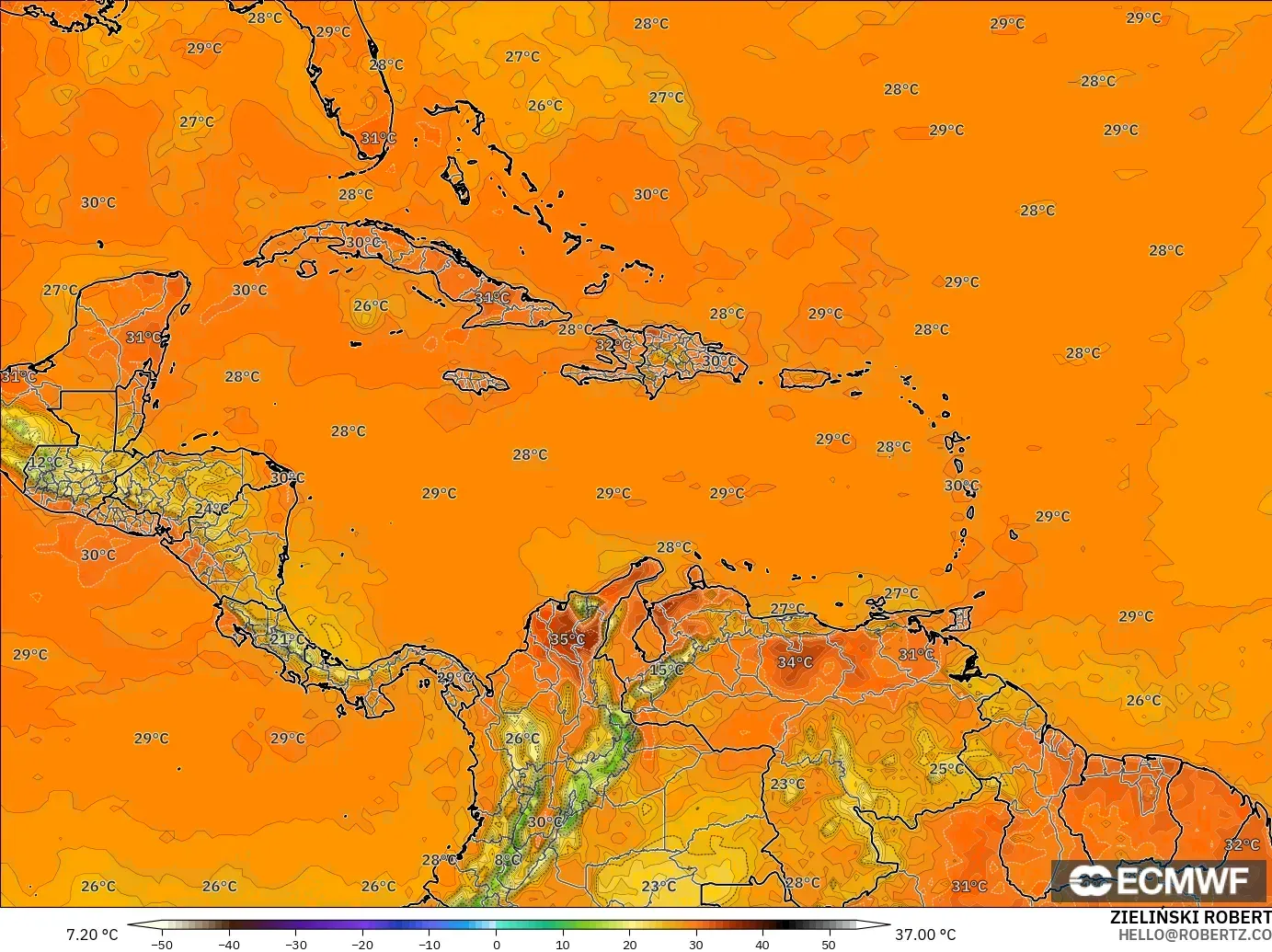 ECMWF IFS 0.25° модель - Кариб теңізі, Температура 2 м
