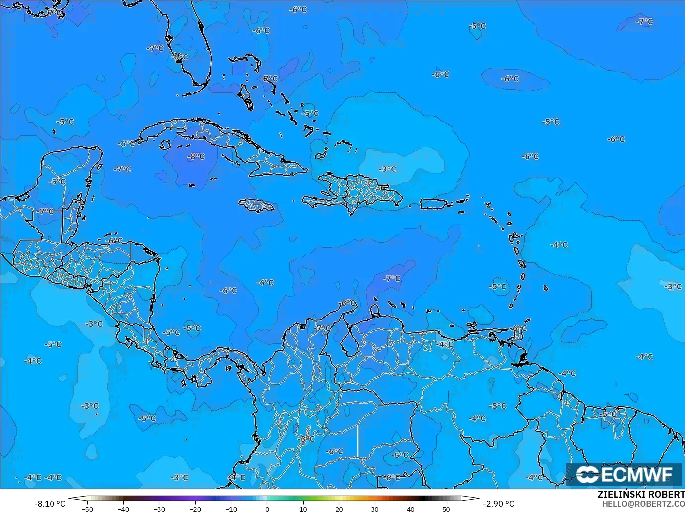 ECMWF IFS 0.25° модель - Кариб теңізі, Температура 500 hPa