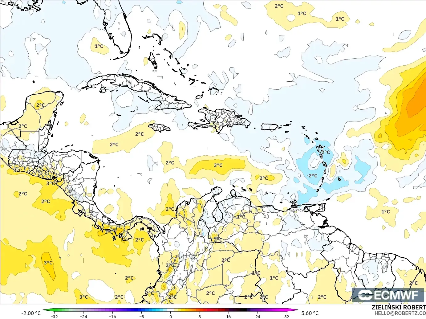 ECMWF IFS 0.25° модель - Кариб теңізі, 850 hPa Температура Аномалиясы