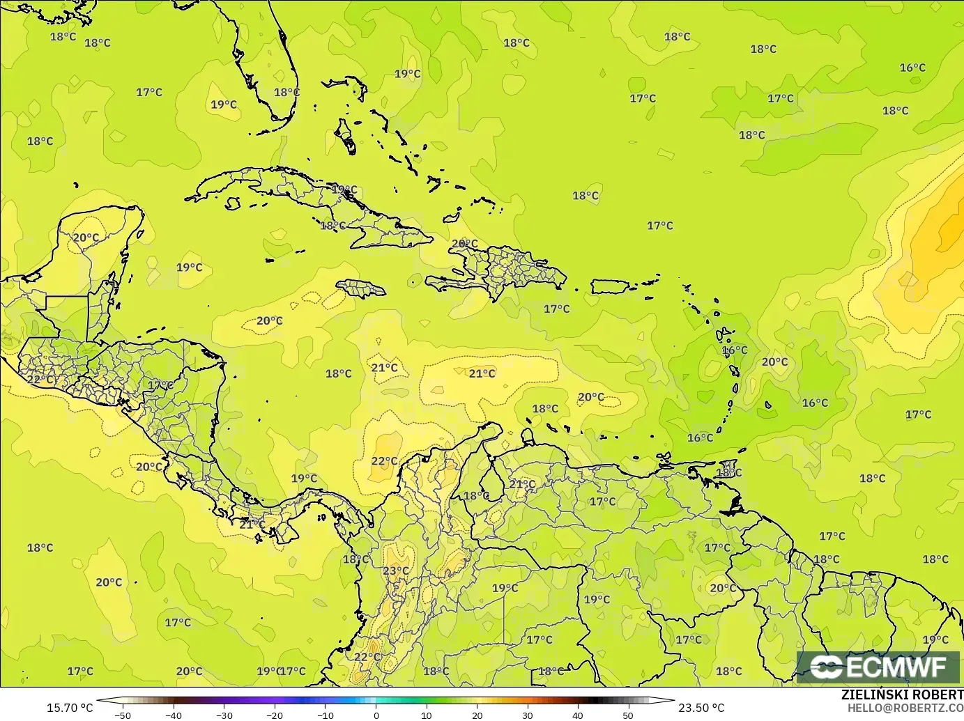 ECMWF IFS 0.25° модель - Кариб теңізі, Температура 850 hPa