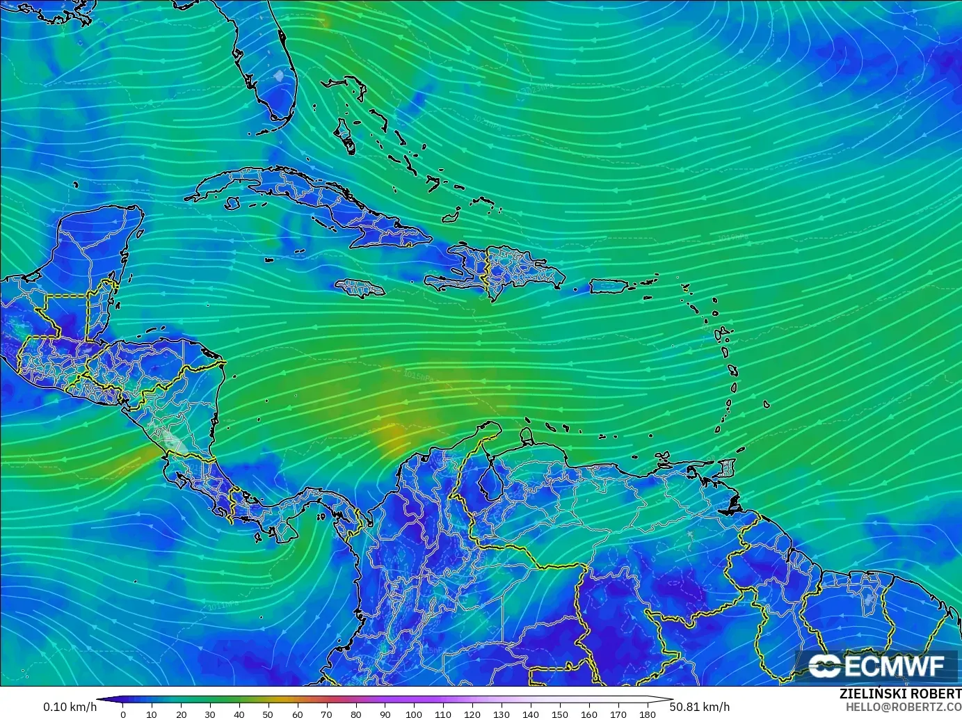 ECMWF IFS 0.25° модель - Кариб теңізі, Жел 10 м