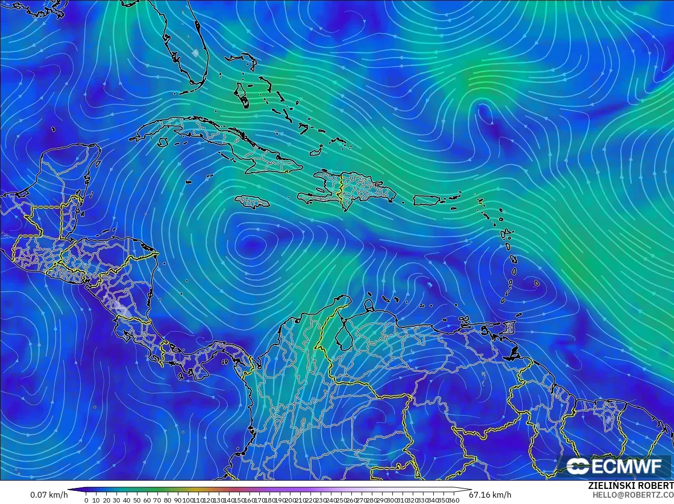 ECMWF IFS 0.25° модель - Кариб теңізі, Жел 300 hPa (жайт ағысы)