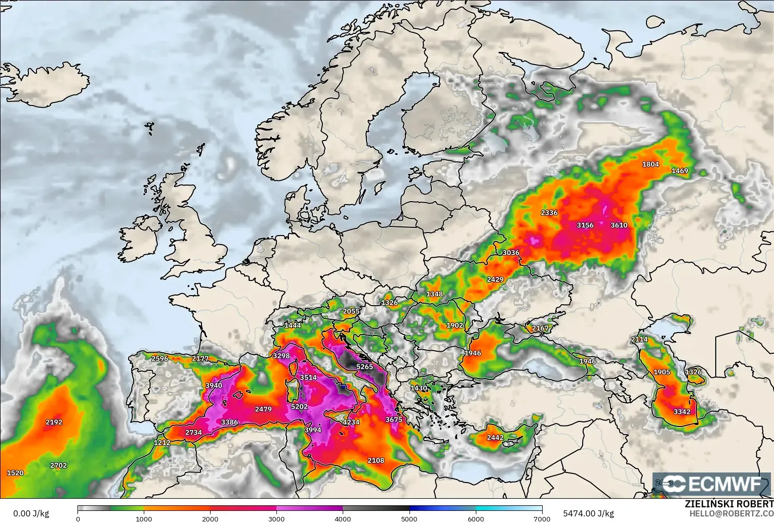 ECMWF IFS 0.25° модель - Еуропа, CAPE