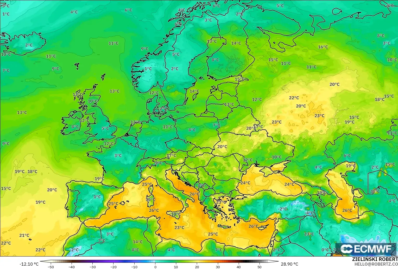 ECMWF IFS 0.25° модель - Еуропа, Шық Нүктесі 2 м