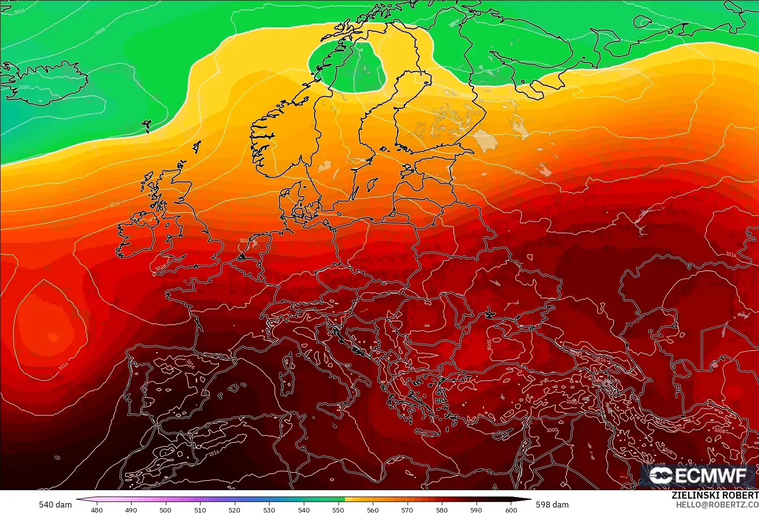 ECMWF IFS 0.25° модель - Еуропа, 500 гПа деңгейіндегі геопотенциал биіктігі