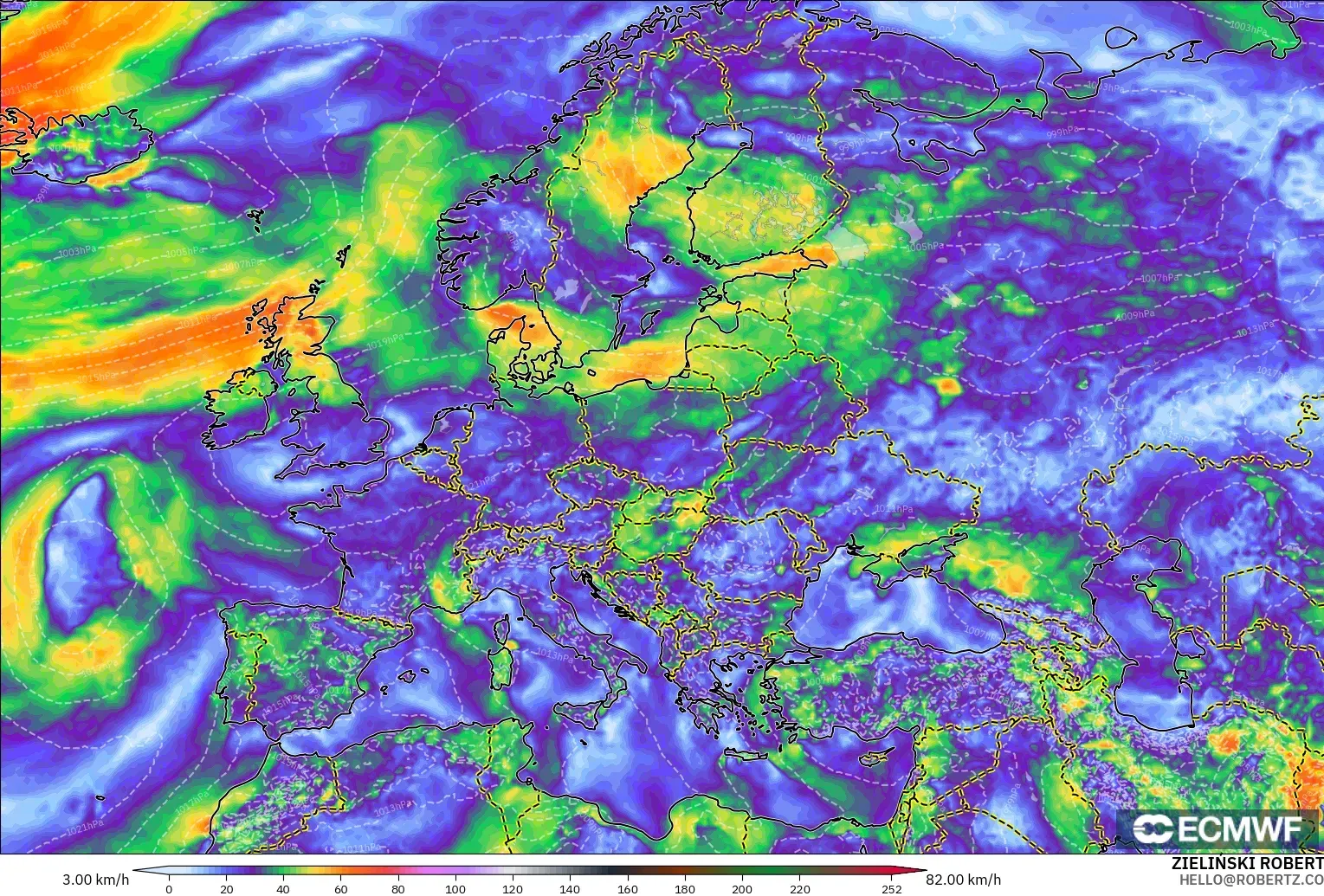 ECMWF IFS 0.25° модель - Еуропа, Екпінді Жел