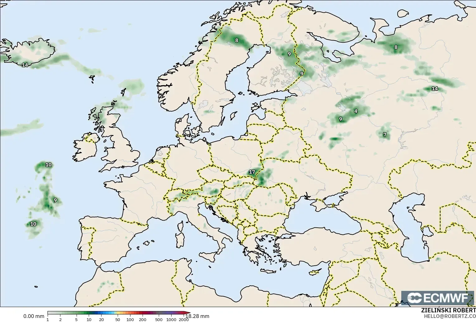 ECMWF IFS 0.25° модель - Еуропа, Жауын-шашын Жинақталуы