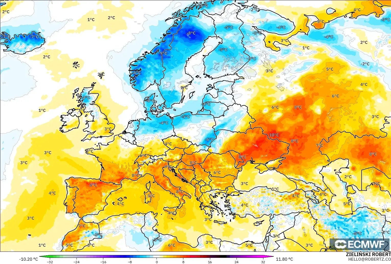 ECMWF IFS 0.25° модель - Еуропа, 2 м Температура Аномалиясы