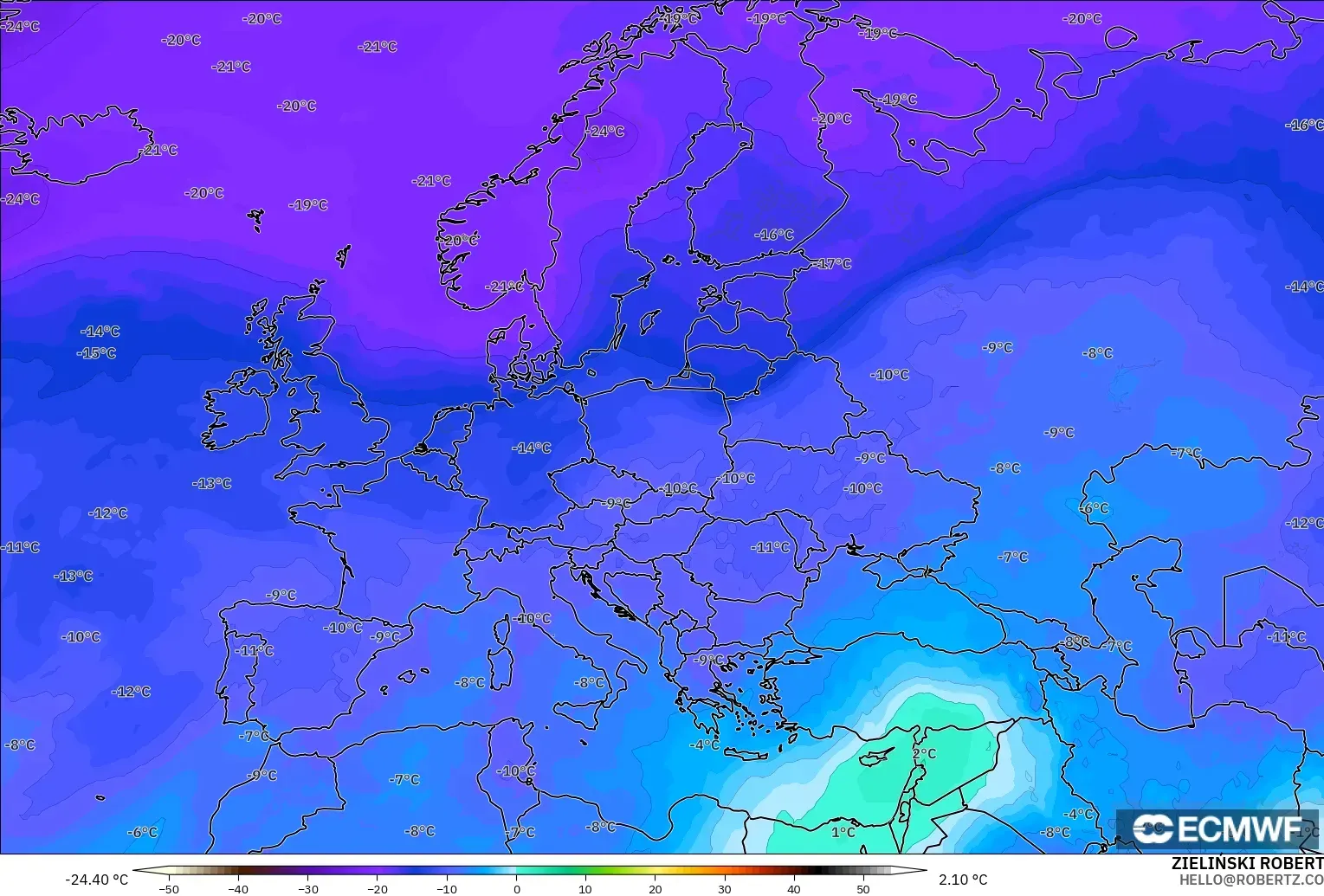 ECMWF IFS 0.25° модель - Еуропа, Температура 500 hPa