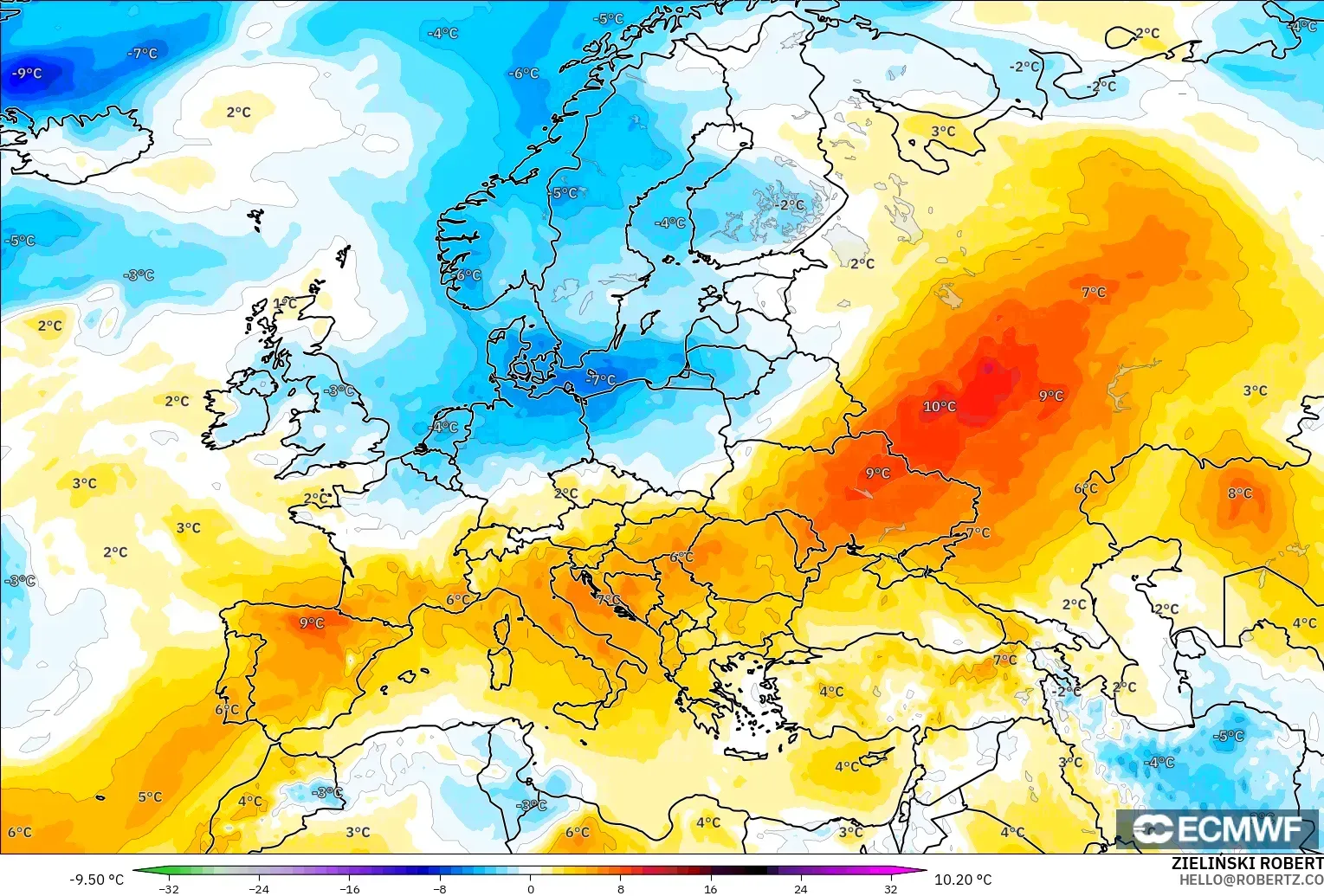 ECMWF IFS 0.25° модель - Еуропа, 850 hPa Температура Аномалиясы
