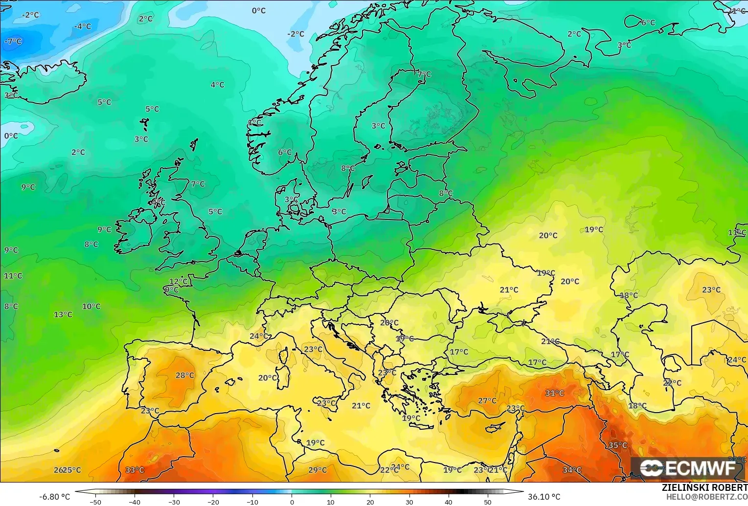 ECMWF IFS 0.25° модель - Еуропа, Температура 850 hPa