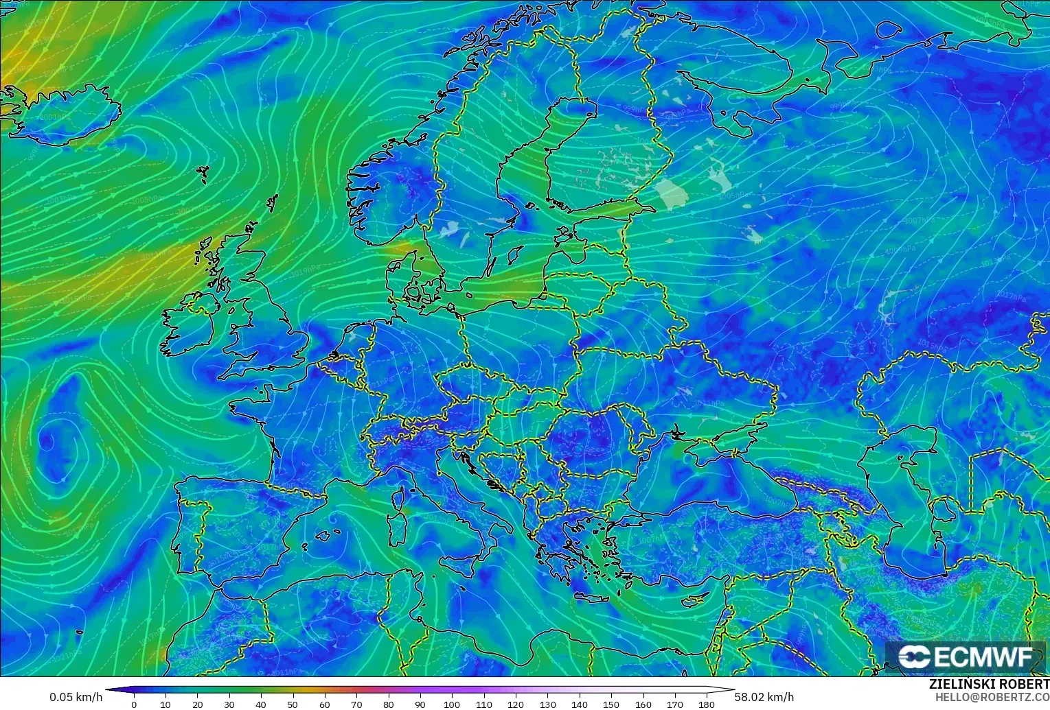 ECMWF IFS 0.25° модель - Еуропа, Жел 10 м