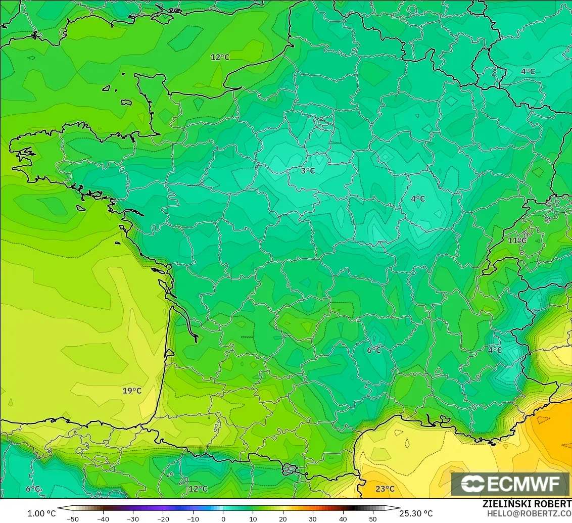ECMWF IFS 0.25° модель - Франция, Шық Нүктесі 2 м