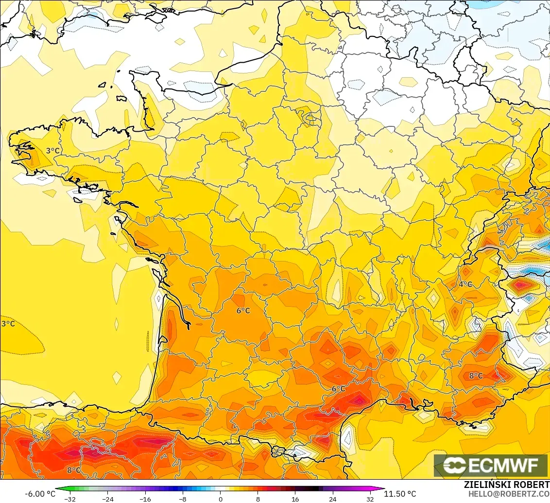 ECMWF IFS 0.25° модель - Франция, 2 м Температура Аномалиясы