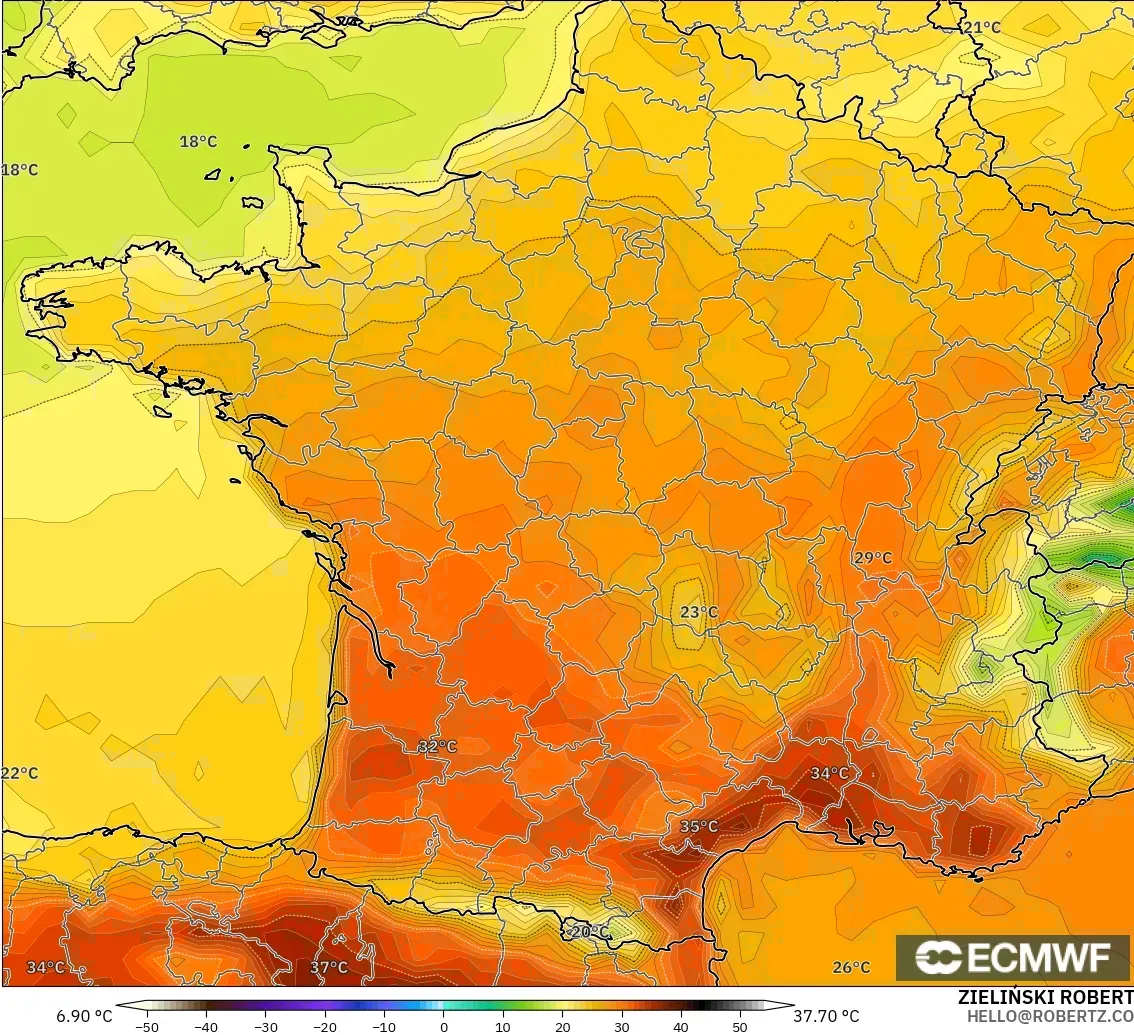 ECMWF IFS 0.25° модель - Франция, Температура 2 м