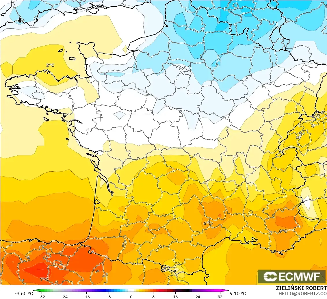 ECMWF IFS 0.25° модель - Франция, 850 hPa Температура Аномалиясы