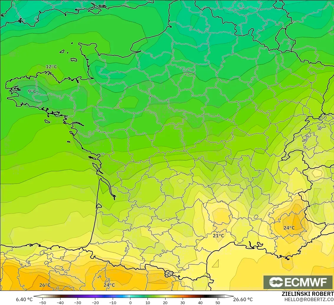 ECMWF IFS 0.25° модель - Франция, Температура 850 hPa