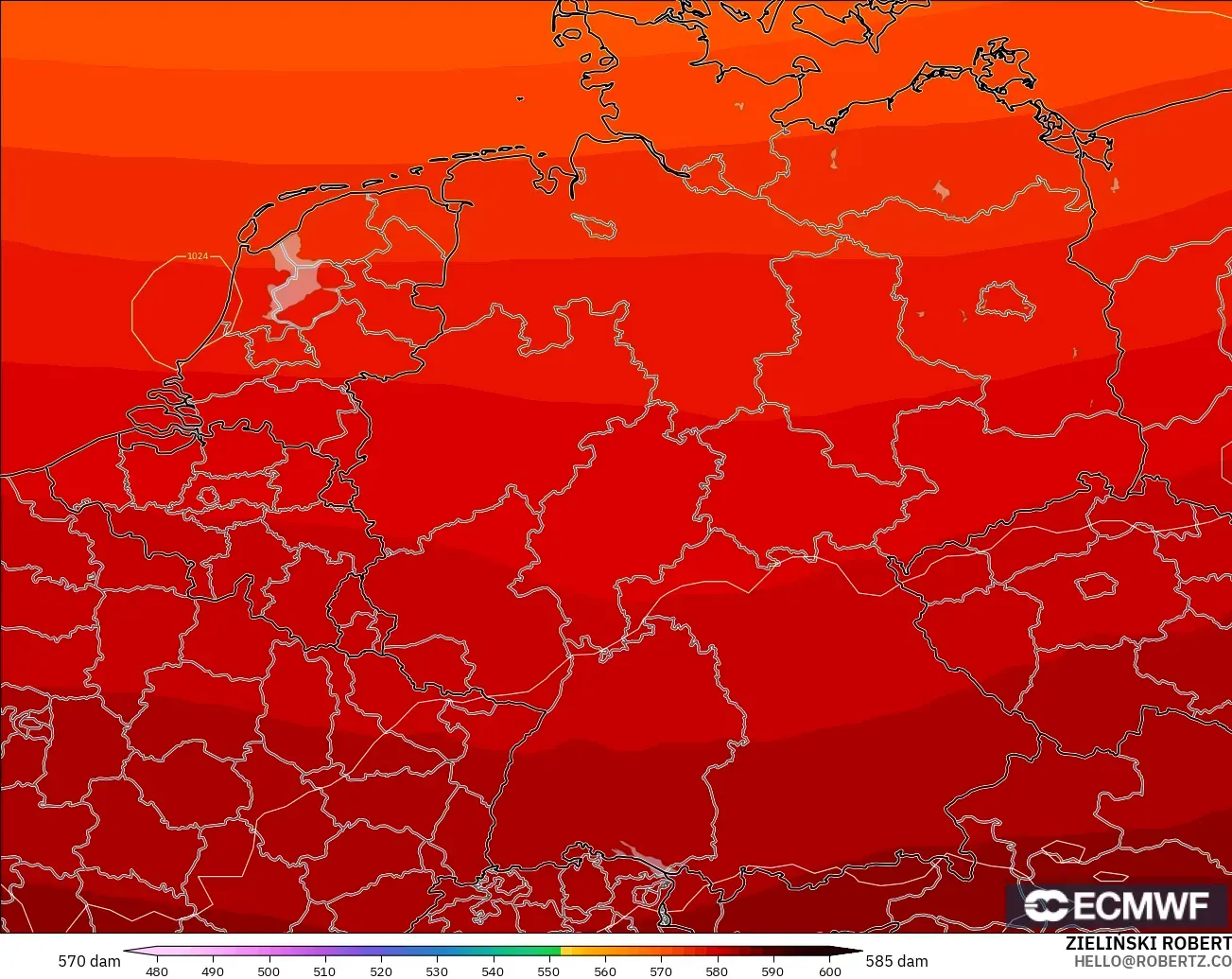 ECMWF IFS 0.25° модель - Германия, 500 гПа деңгейіндегі геопотенциал биіктігі