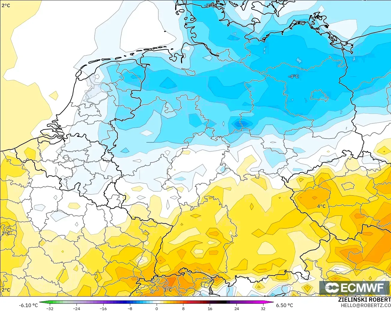 ECMWF IFS 0.25° модель - Германия, 2 м Температура Аномалиясы