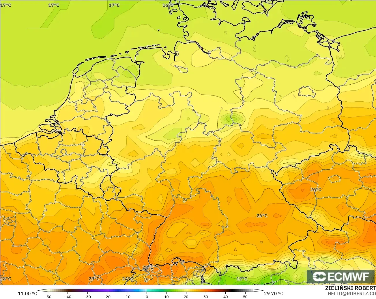 ECMWF IFS 0.25° модель - Германия, Температура 2 м