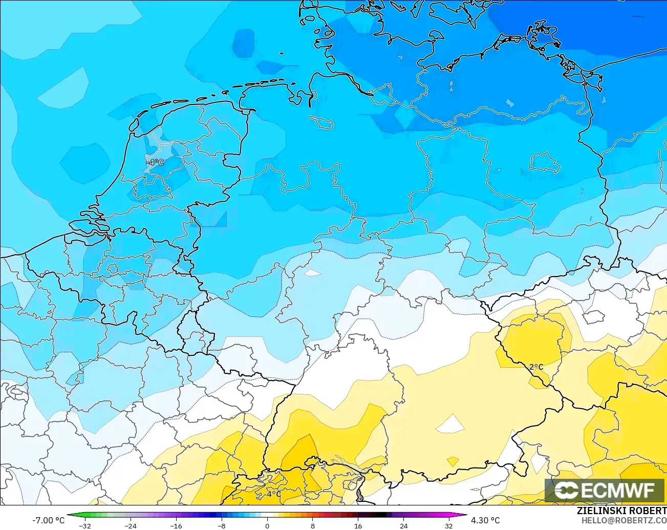 ECMWF IFS 0.25° модель - Германия, 850 hPa Температура Аномалиясы